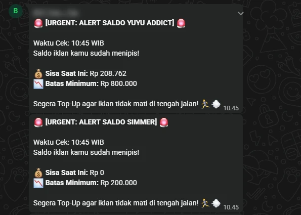 Multi-Shop Alert Bot: Peringatan Saldo Iklan Menipis Real-Time