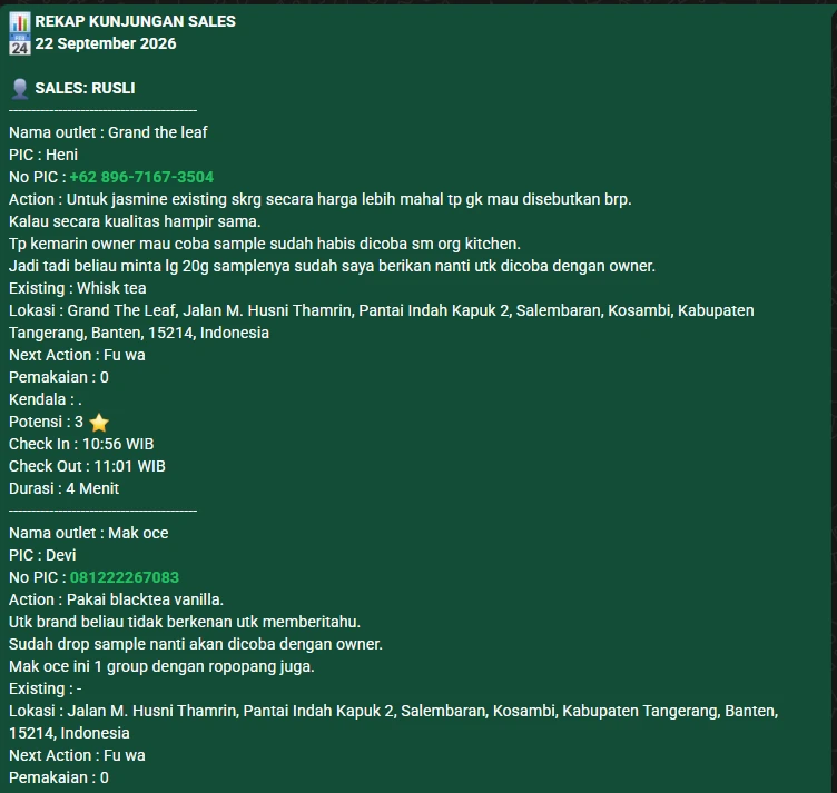 WAHA Telemetri Lapangan: Laporan Kunjungan Sales WhatsApp